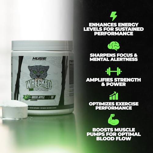 Image of Wrecked Core - All-in-One Pre-Workout Supplement for Men & Women, Increase Energy, Focus & Pumps with L-Citrulline, Beta-Alanine, L-Tyrosine & More (30 Servings) - Green Apple