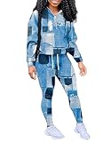 EOSIEDUR Women's Two Piece Outfits Zip Tops Jacket and Elastic Waistband Pants Women Sweatsuit Tracksuit Sets, Denim Print M