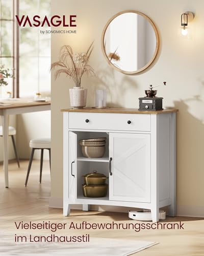 VASAGLE Küchenschrank, Sideboard mit Schubladen, Aufbewahrungsschrank mit Türen, verstellbare Ablage, Landhausstil, für Wohnzimmer Küche, 40 x 80 x 80 cm, wolkenweiß-honigbraun BBK341W02
