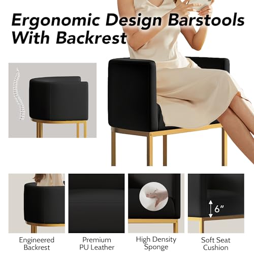 Butaco Moderno de Altura Mostrador 26", Tapizado en Cuero Sintético Negro con Estructura Metálica Dorada miniatura 4