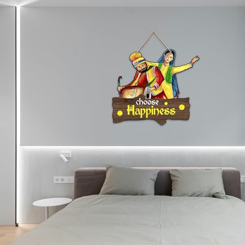 Image of Decor Smart Wooden Wall Hanging | Decorative Wall Art | Punjabi Couple Design Plaque | Choose Happiness Quote Sign | Ethnic Style Home Decor Accent | Decoration for Living Room and Entryway (DWA 8705)