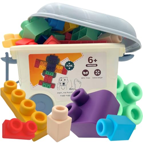 WaBee Baby Large Soft Rubber Toddler Blocks, 50 Pieces in Storage Bin on Wheels - Includes Booklet, Toy, Gift, Birthday, 6m, 1-2, 2-4, 2-3, 3-5 Ages