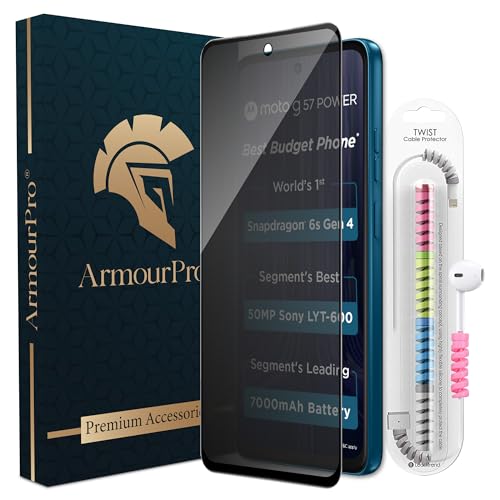 Image of ArmourPro Privacy Tempered Glass for Motorola G67 Power, G57 Power, Anti Spy Anti Peeping Screen Protector, Edge-to-Edge Full Coverage, 9H Hardness with Cable Protector | Black