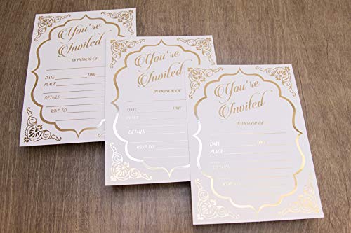 Fill in Invitations Wedding, Gold Foil - 25 Pack - Wedding Invitation, Hot Stamp Press. Party Invitations Birthday, Anniversary Celebration, Bridal or Baby Shower (Invitation Gold 2) - Thumbnail 2