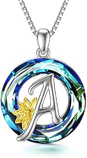 Sunflower Initial Necklace 925 Sterling Silver A-Z 26 Letters Pendant Name Necklace Crystal Alphabet Personalised Jewellery Gifts for Women Teenage Girls
