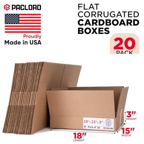Image of Flat Cardboard Boxes 18 inchL x 15 inchW x 3 inchH (Pack of 20) - USA-Made Packing Boxes for Moving, Shipping, or Storage - USPS, UPS, FedEx Approved - Professional Packing Supplies for Moving | USA-Made Packing Boxes for Moving, Shipping, or Storage - USPS, UPS, FedEx Approved - Professional Packing Supplies