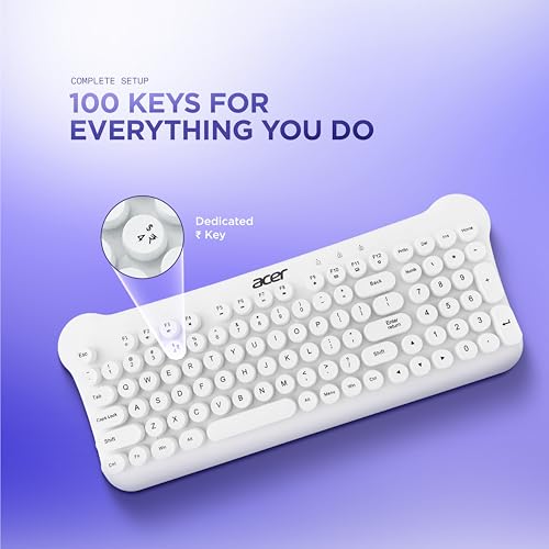 Image of Acer Cuteo Wireless Keyboard and Mouse Combo | 2.4GHz Wireless USB Receiver | Retro Round Keycaps | 1200 DPI Optical Mouse | Plug & Play Compact Design for PC, Laptop, Office & Home Use |White