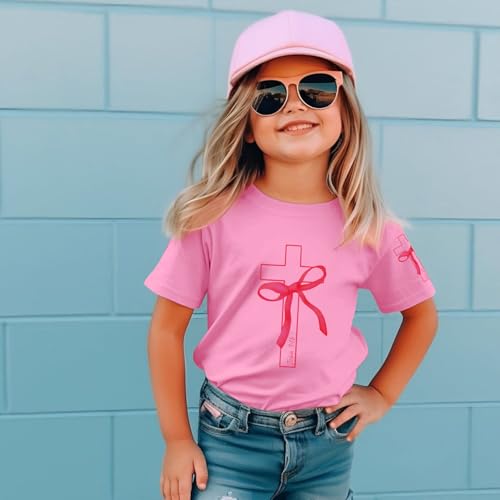 Image of Girls Cute Christian Shirts Kids Pink Bow Shirt Jesus God Faith Tshirts Aesthetic Cross Bible Verse Graphic Tee Tops