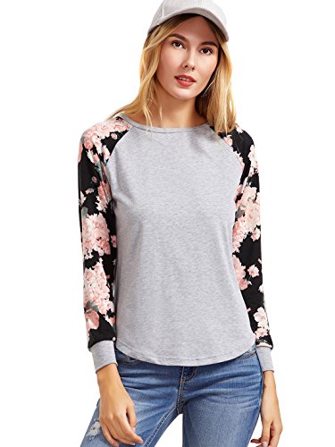 Romwe Women's Long Sleeve Top Casual Floral Print T-Shirt Tee Grey XL