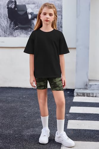 Image of Arshiner Girls Clothes Summer 2 Piece Outfits Drop Shoulder T-Shirts and Biker Shorts Kids Fashion Clothing Sets