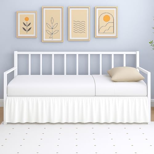 Ruffled Daybed Twin Size, 12 Inch Drop Ruffled Bed Skirt for Daybeds with Split Corners, White Microfiber Dust Ruffle, Elegant Twin Day Bed Skirt for Living Room, Guest Room, or Bedroom