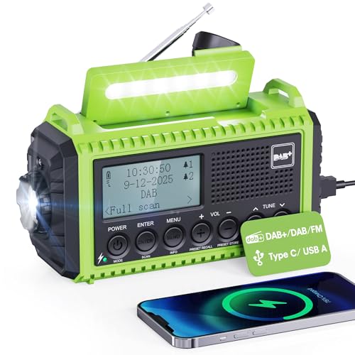 Kurbelradio DAB/UKW mit Akku 5000mAh, Tragbare Solar Radio mit LED Taschenlampe & Leselicht, DAB+ Baustellenradio RDS Funktion, Notfall Digital Radio SOS-Alarm für Wandern, Camping, Outdoor (Grün)