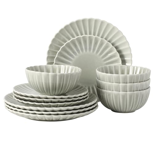 Image of Gibson Elite Peach Orchard 12-Piece New Bone China Dinnerware Set Service for 4, Embossed Fluted Plates and Bowls, Dishwasher and Microwave Safe, Sage Green
