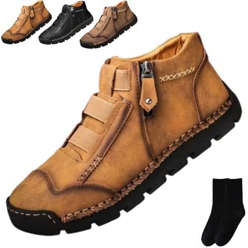 Matufit Shoes for Men, Men's Handmade Leather Slip-On Driving Boots with Side Zipper, Ankle Boots Men Outdoor Lightweight Non-Slip Flats Loafers