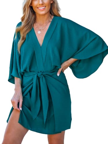Image of CUPSHE Womens Vacation Mini Summer Dress V Neck Kimono Sleeve Belted Flowy Loose Resort Wear Casual Beach Cover Up Dress