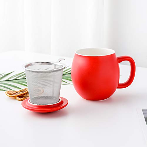 Image of Yundu 12 OZ Matte Red Ceramics Teacup with Infuser and Lid, Mug with Lid for Steeping - Stainless Steel Infuser for Loose Leaf Tea, Home Office Gift for Tea Lovers