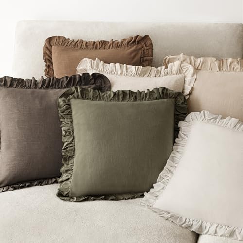 Image of Foindtower Set of 2 Decorative Soild Fringe Ruffle Throw Pillow Covers Soft Boho Farmhouse Cushion Cover Cozy Accent Retro Pillowcase for Couch Sofa Bed Living Room Home Decor,20x20 Inch,Dark Brown