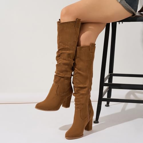Women’s Brown Knee High Boots Round toe Mid Calf Boots for Women Chunky Heel Zipper Fashion Tall Boots4