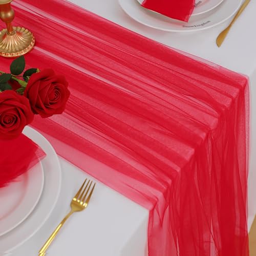Snowkingdom Red Mothers Day Table Runner 120 inch Sheer Red Tulle Fabric Runner Boho Rustic Cheesecloth Gauze 10FT Long Table Runner for Wedding Birthday Party Bridal Shower Valentines Decoration
