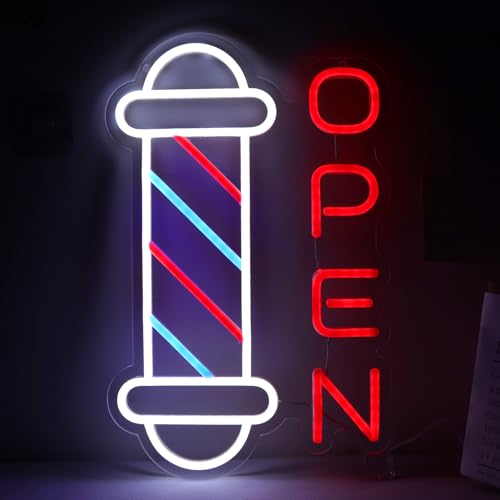 Image of Barber Shop Neon Signs for Wall Decor Open Neon Lights for Bedroom Led Signs Suitable for Barber Shops Hair Salon Art Unique Gift for Hairdresser 10.2 * 16.1 Inch(Red + Blue + White)