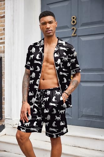 Image of Ekouaer Mens Satin Pajamas Set Button-Down Short Sleeve Shirt Top Soft Silk Sleepwear Shorts with Pockets