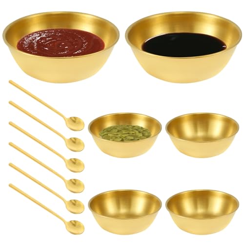 MABCIRY Dipping Bowls Set of 6, Stainless Steel Dip Bowls, Rustproof Bowls Set with 6 Spoons, Practical Condiment Cups, Stainless Steel Sauce Cup, Gold Saucer Plates Saucers Bowl for Home Kitchen