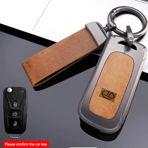 Image of Zinc Metal Alloy Leather Car Key Cover & Case Brown with Keychain & Holder fit for TATA Nexon, Punch, Altroz, Tigor, Tiago, Harrier, Zets, Bolt, Hexa, Storme (3 BT Flip Key)