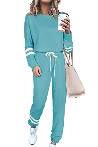 Two Pieces Sweatsuit Sets for Women Long Sleeve Outdoor Jumpsuit Light Blue S