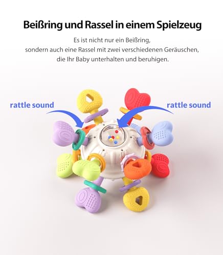 Infinno Baby Greifball & Rassel,BPA-freies Silikon Beißring-Spielzeug für 0-12 Monate, Multifunktionales Montessori Baby Geschenk Mit Leuchtenden Farben