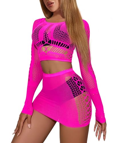 XIUSEMY Lingerie Sets for Women Fishnet Top and Mini Skirt Set Beachwear Outfits(One Size,Rosered)