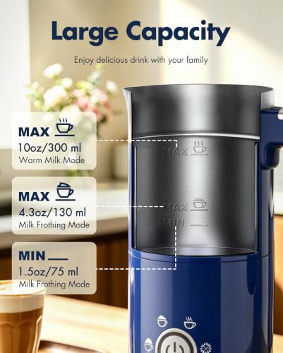 Image of Milk Frother Electric 4 in 1: 10oz /350 mL Large Capacity Electric Milk Steamer for Hot and Cold Milk Froth - Automatic Milk Frother & Warmer for Latte, Cappuccinos, Macchiato, Hot Chocolate-Blue