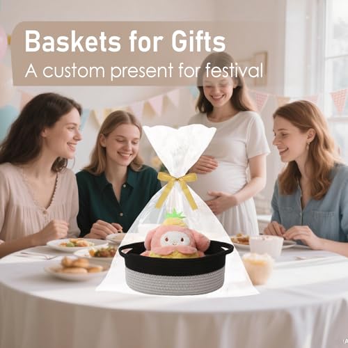 Image of JMvicyroam Small Woven Basket, Empty Gift Basket, Black&Grey /1 Pack | Small Gift Basket, Cotton Rope, 12 x 8 x 78 in, Handles, Includes Ribbon and Bag, Birthday Gift Basket