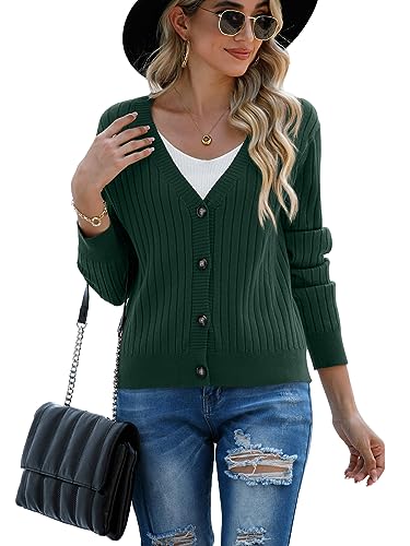 Image of Women's Dark Green Casual Dressy Stirped Cardigan with V Neck Button Christmas Sweaters Crew Neck Lady Lightweight Jacket 2024 Fall Winter Size M