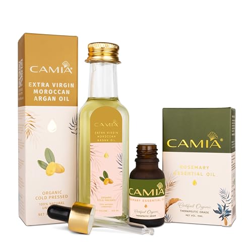 Image of CAMIA - Strong & Hydrated Hair Kit For Men & Women | 100% Organic Moroccan Argan Oil, 100 Ml & Rosemary Essential Oil, 15 Ml | Provides a Softening & Relaxing Effect on the Skin