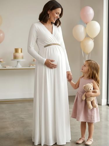 Image of KOH KOH Womens Maternity Long Sleeve V-Neck Flowy Winter Maxi Dress Gown