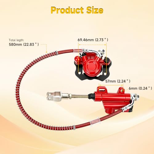 Image of HIAORS Rear Hydraulic Foot Brake Kit for 110cc 125cc Taotao Chinese ATV | ATV Rear Brake Kit Caliper Master Cylinder Assembly for Coolster 125 110cc 4-Stroke Quad 4 Wheeler Parts Kazuma Baja Sunl Red
