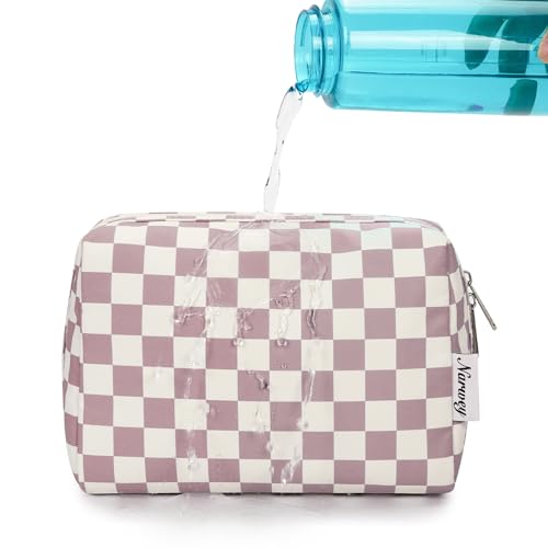 Large Makeup Bag Zipper Pouch Travel Cosmetic Organizer for Women (Pink Checkerboard, Large), Z-pink Checkerboard - Image 4