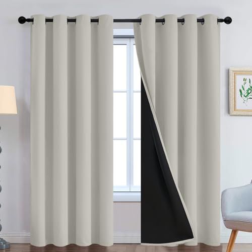 Image of Yakamok Cream Beige 100% Blackout Curtains 84 Inches Long 52 inch Wide 2 Panels | Blackout Curtain Panels for Bedroom, 2 Thick Layers Grommet Top Thermal Insulated Drapes with Black Liner for Living Room