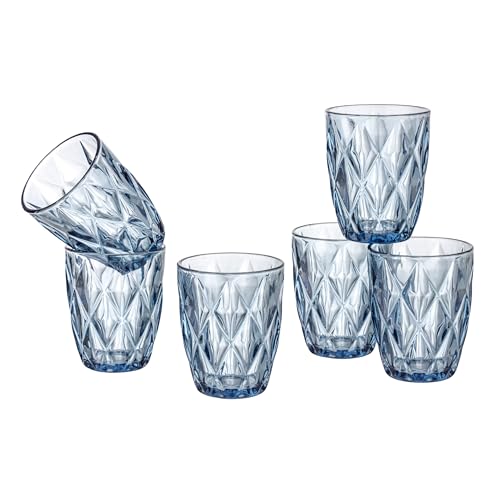 Baroni Home Set 6 pz Bicchieri Diamante in Vetro Colorati e Decorati con Rombo in Rilievo 30 CL, Bicchieri Acqua Eleganti Lavabili in Lavastoviglie, 8x8x10 cm Blu