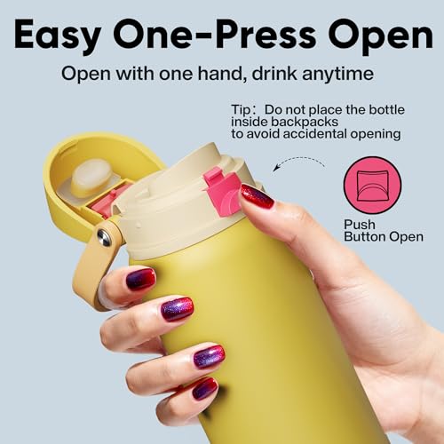 Image of Insulated Water Bottle with Straw - Encool Stainless Steel Water Bottle with Push Button Lid, Leak-Proof & BPA-Free, Keeps Cold for 24 Hours for Sports, Travel, Gym (32 oz, Ginger)