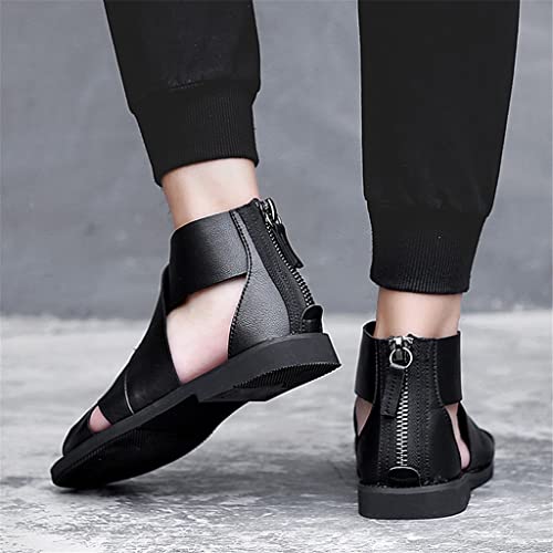 Mens Toe Hollow Out High Top Leather Casual Sandals Street Zipper Youth Daily Fashion Shoes(6.5code)4