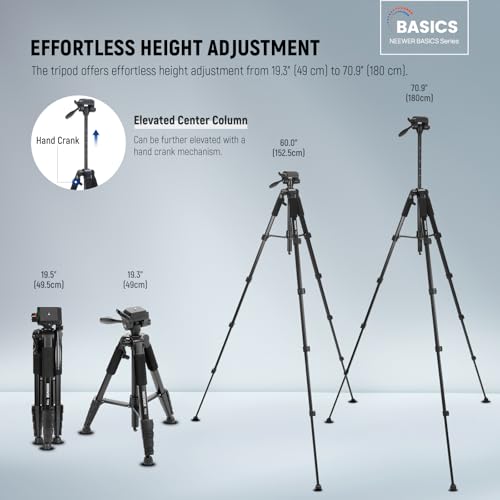 Image of NEEWER BASICS Camera Tripod, 71'' Tripod with Cell Phone Holder Mount Compatible with iPhone for Video Recording, Professional Aluminum Lightweight Portable Travel Stand with 3 Way Pan Tilt Head, TP55