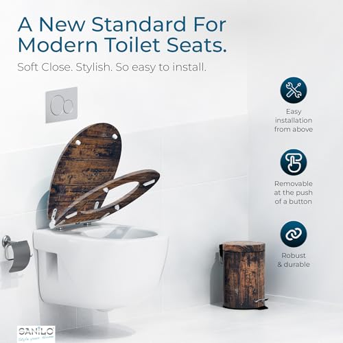 Image of Sanilo Wooden Toilet Seat with Quick Release & Soft Close [ROUND] - Decorative & Slow Close Molded Wood Seat - With One Click for Easy Installation & Cleaning - With Adjustable Fit (Vintage)