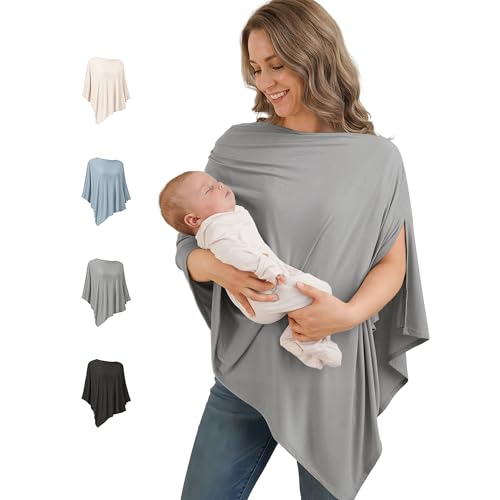 Image of Konssy Rayon Made from Bamboo Nursing Cover for Breastfeeding, Buttery-Soft 360° Full Privacy Nursing Poncho, Breathable Stretchy Breastfeeding Cover, Multi-Use Car Seat Canopy (Grey)