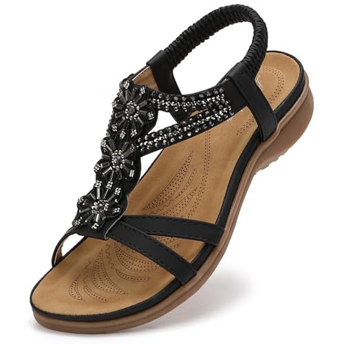 Littleplum Sandals Women Flat Dressy Sandal Summer Comfortable Slip-on Casual Beach Shoes Dress Bohemian Ankle Elastic Flats Sandals