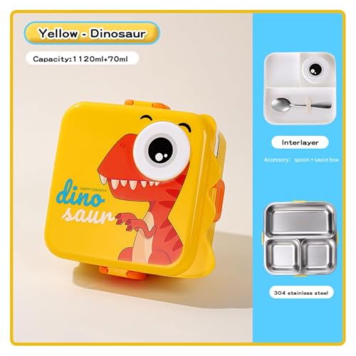 Image of YELONA 2-Layer Cartoon Shape Kids Lunch Box | Stainless Steel Inner, 3 Compartments | Airtight Leak-Proof BPA-Free Meal Box | 1120 ML + 70 ML Sauce Cup | School, Picnic Tiffin for Girls & Boys