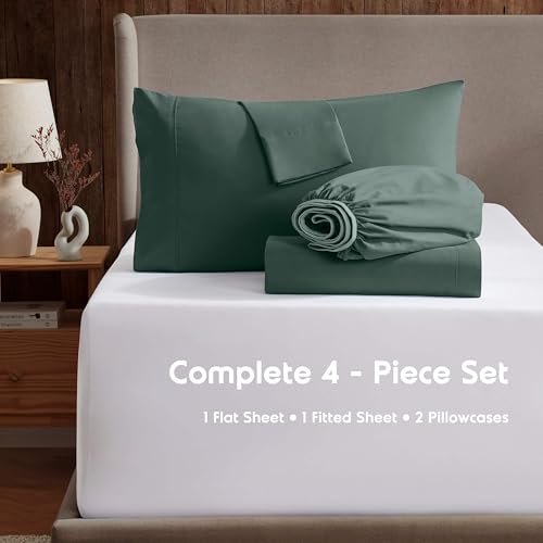 Image of Nestl Full Bed Sheet Set - Forest Green - 4-Piece Deep Pocket | Instantly Soft, Night-One Ready (No Wash Required). Fits 16-Inch Deep Pockets, 360-Degree Elastic Grip