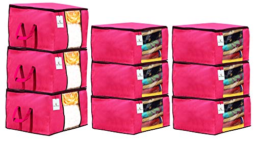 Image of Kuber Industries Non Woven 6 Pieces Saree Cover and 3 Pieces Underbed Storage Bag, Cloth Organizer for Storage, Blanket Cover Combo Set (Pink) -CTKTC38484
