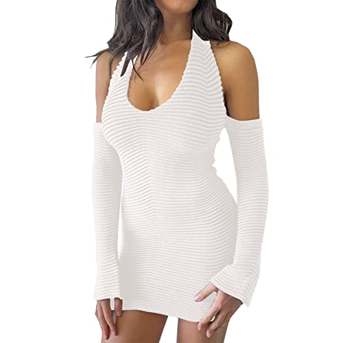 Falda de punto liso para mujer de manga larga escote profundo de lana suave, Blanco, M