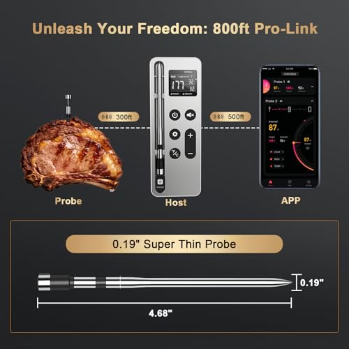 Image of Wireless Meat Thermometer Digital - 800FT Stable Bluetooth Food Thermometer for Cooking, NIST 0.5F Accuracy, Wireless Meat Probe for Kitchen Grill BBQ Oven Smoker